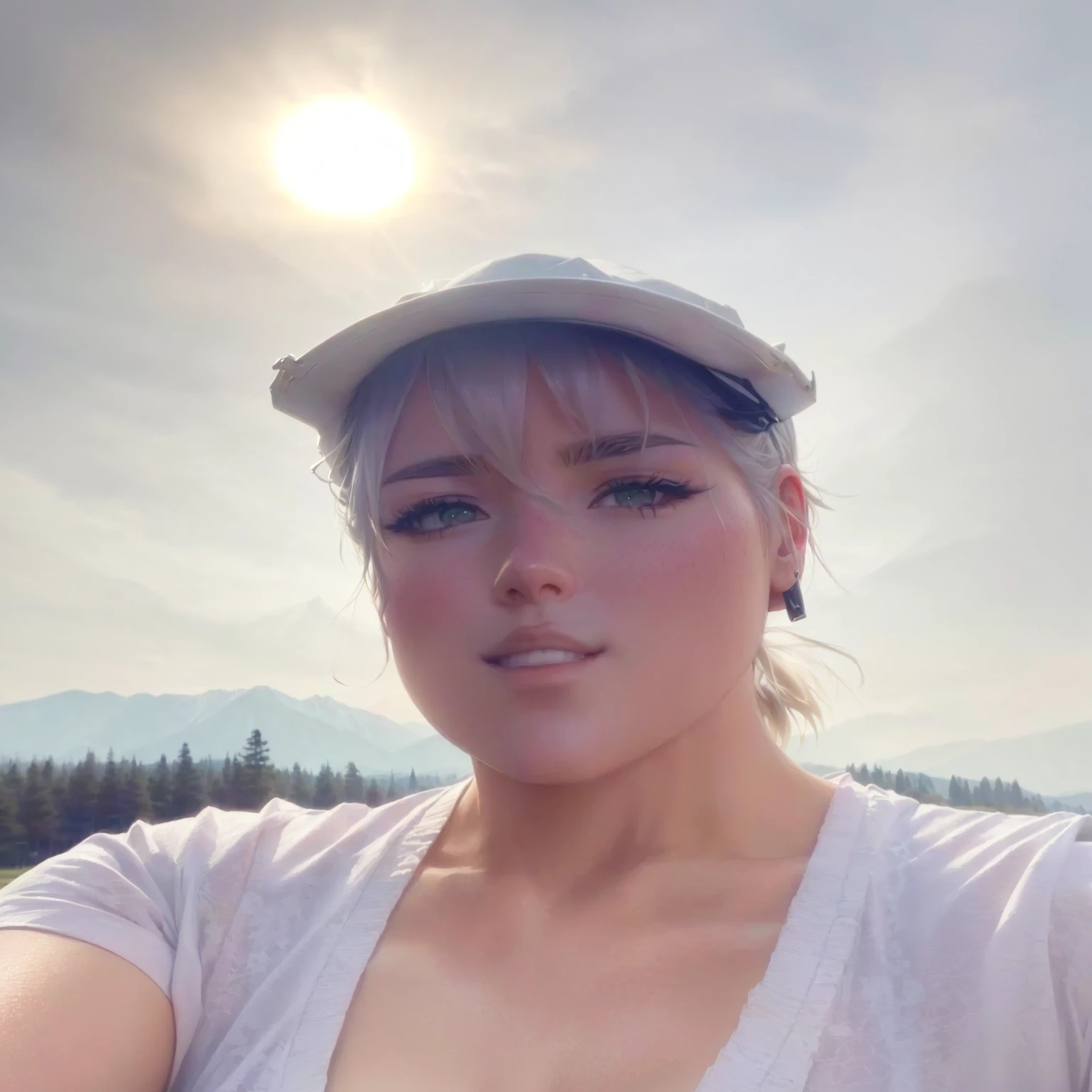 There is a woman who is taking a selfie with a cell phone, con Mountains in the background, with Mountains in the background, with mountains as a background, Mountains in the background, hills in the background, standing in front of a mountain, 8k selfie photography, in front of a forest background, park in the background, Sunset!, with a tree in the background, anime style in akame ga kill! 