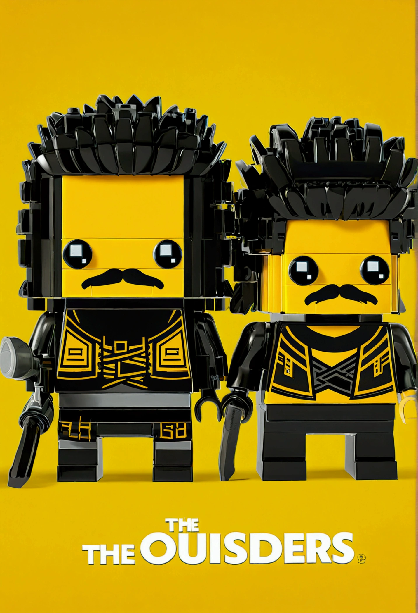 Logo inspired by the 2010s, with the name 'The Outsiders', predominantly in black and yellow, written correctly, two Lego men back-to-back all bearded, black silhouette, one lego have beard and coque samurai, the other lego have a castanho beard and a little afro hair