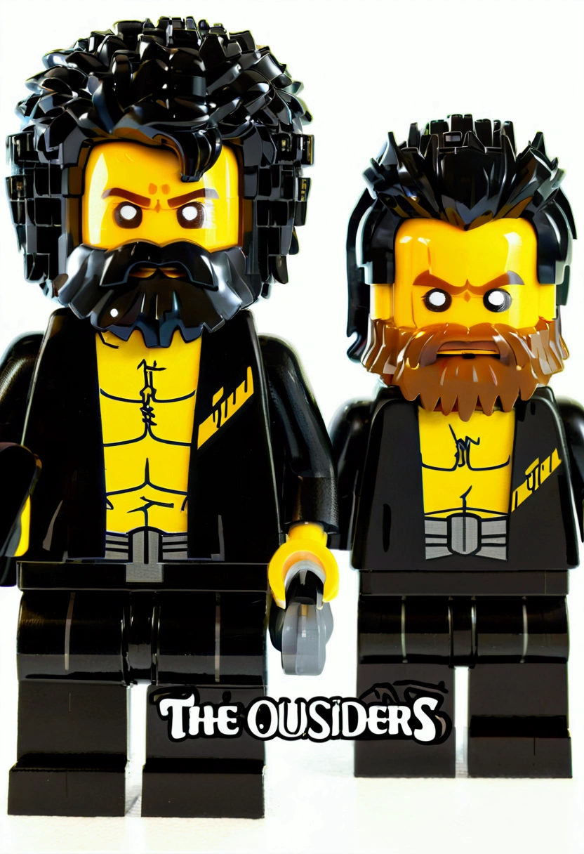 Logo inspired by the 2010s, with the name 'The Outsiders', predominantly in black and yellow, written correctly, two Lego men back-to-back all bearded, black silhouette, one lego have beard and coque samurai, the other lego have a castanho beard and a little afro hair