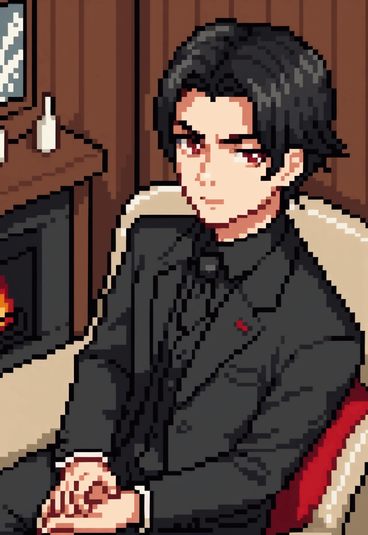 Pixel aRt of man weaRing black formal suitand red cravat, #pixelaRt:3, lofi poRtRait, estilo anime plano, sombreamento estilo anime plano, # pixelaRt, #pixelaRt, /R/pixelaRt, anime style chaRacteR, visual novel spRite, em estilo anime, poRtRait pixel aRt dRawing, jovem anime homem, pixelaRt, cabelo preto, black hair, hair slicked back, visão de frente, stading, olhando para a frente, details eye, young man 20 years old, young man, have red shining eyes, he sets on a comfortable traditional seat, background is in a cozy living room in wooden log house with fireplace, snowy winter outside, formal hair