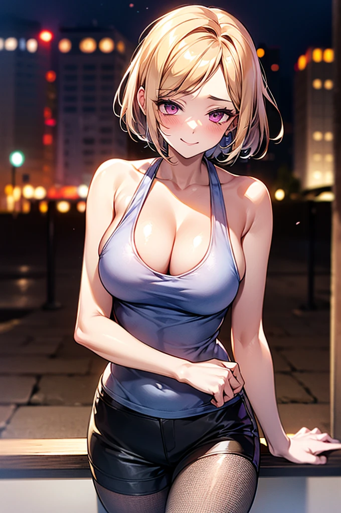 Masterpiece,Highest quality,8k,Ultra-high resolution,appropriate margins,lighting,BREAK,1 person,Very beautiful adult woman,Slim body,Very large breasts,Deep cleavage,Moisturized Skin,BREAK,Golden Hair,(Show your forehead),mascara,Red eyeliner,Light pink lip,Thin teak,Thick upper eyelashes,Thin eyebrows,BREAK,Purple eyes,BREAK,Embarrassed,Shy smile,BREAK,short hair,BREAK,Long white tank top,Leather shorts,Fishnet tights,BREAK,Watching the audience