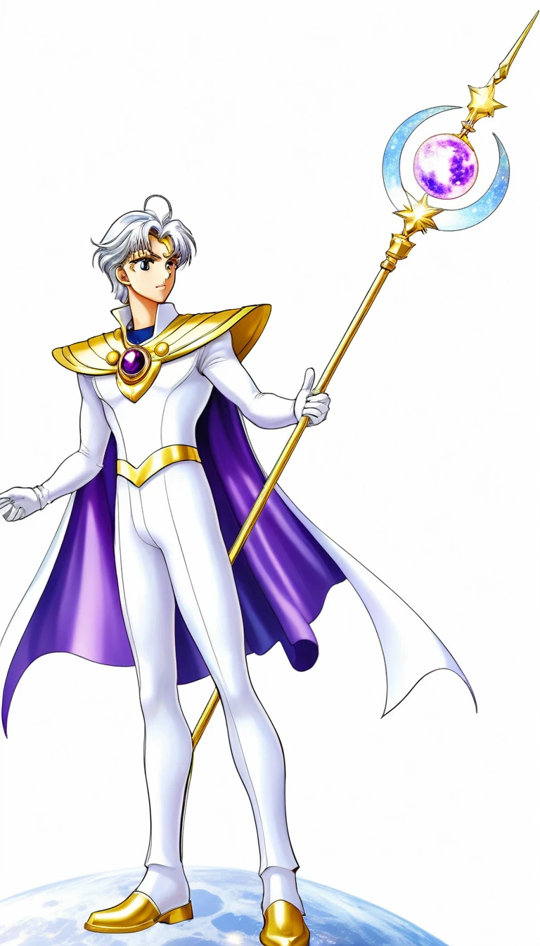 (absurdres, highres, ultra detailed, HDR), sailor cosmos male version, masterpiece, best quality, "Sailor moon cosmos guardians" Character handsome boy in white and purple outfit, long down pony tail hair, wearing long white cape, white hair, white top, white pants with white bots, in hands universe moon white wings scepter, long scepter, in his forehead gold moon symbol, White gloves up to his elbows, with full body, realistic picture, handsome boy, 