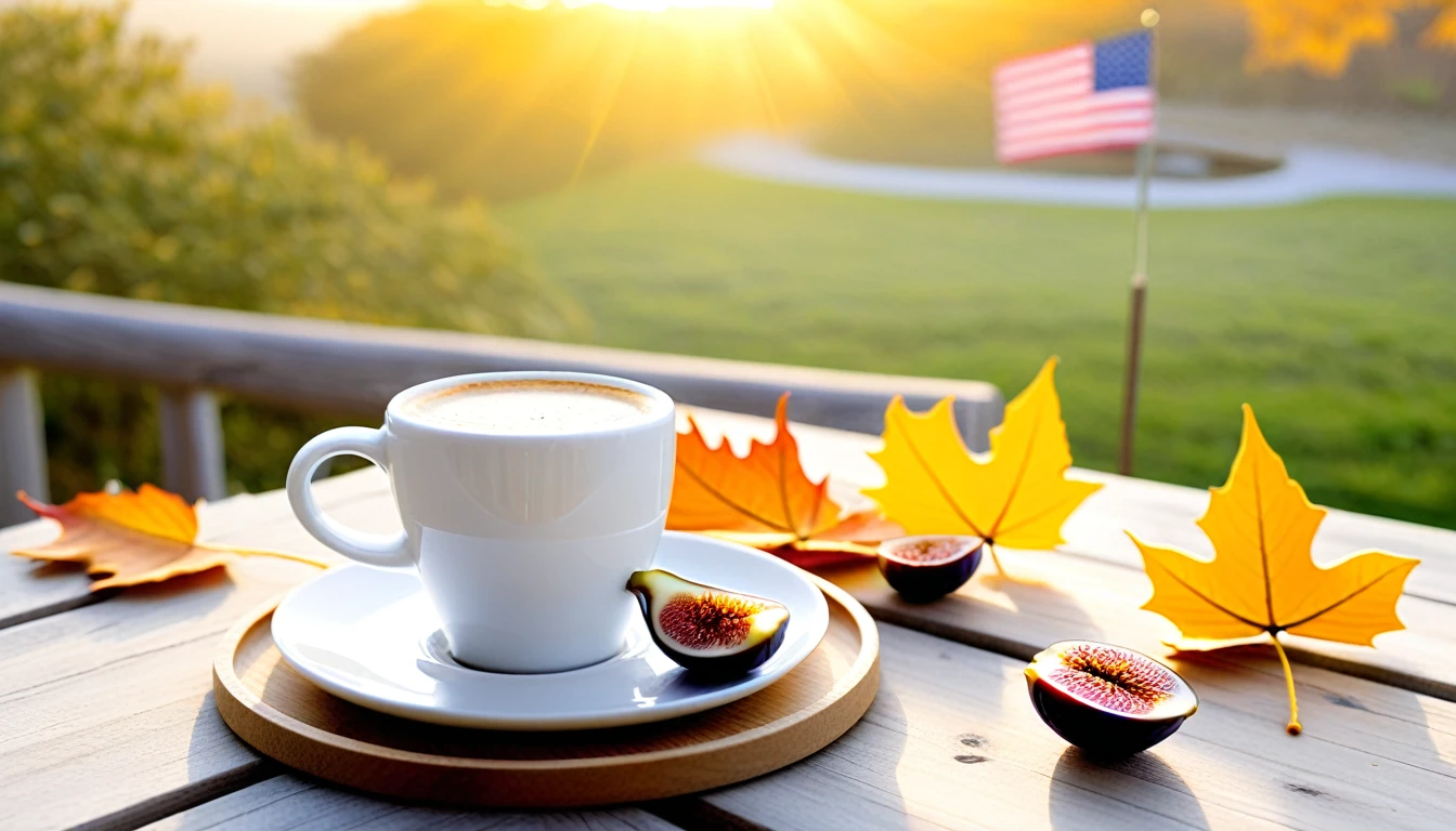 Create an image of a cozy autumn morning atmosphere by featuring a hot expresso on white cup and american flag desain on the cup on a wooden coaster. The cup is adorned with a design of fallen leaves that matches the orange leaves scattered around it. Ripe and cut figs lie nearby, and the scene is illuminated by the warm light of the morning sun, which hints at a peaceful morning atmosphere. This atmosphere is enhanced by the potted plants that add to the serene atmosphere. and the beautiful natural scenery in the background.