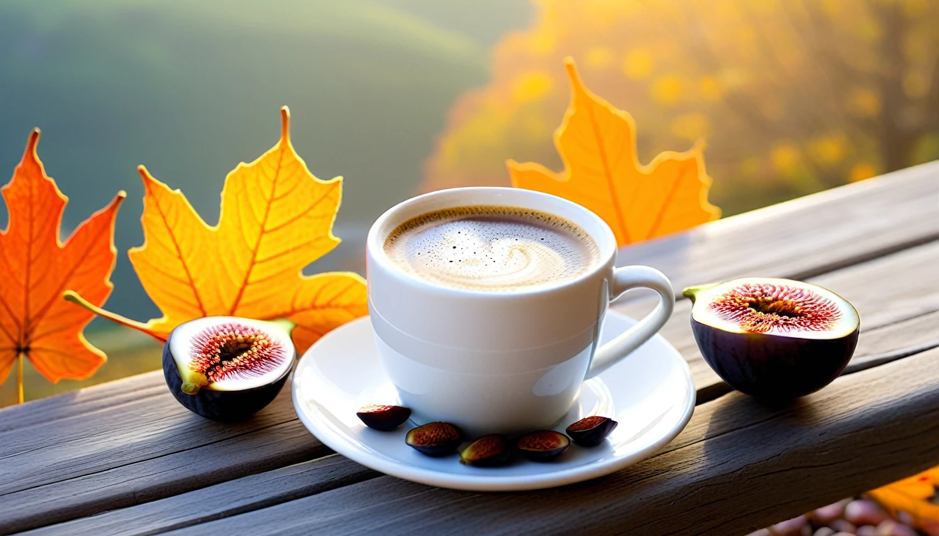 Create an image of a cozy autumn morning atmosphere by featuring a hot expresso on white cup and american flag desain on the cup on a wooden coaster. The cup is adorned with a design of fallen leaves that matches the orange leaves scattered around it. Ripe and cut figs lie nearby, and the scene is illuminated by the warm light of the morning sun, which hints at a peaceful morning atmosphere. This atmosphere is enhanced by the potted plants that add to the serene atmosphere. and the beautiful natural scenery in the background.