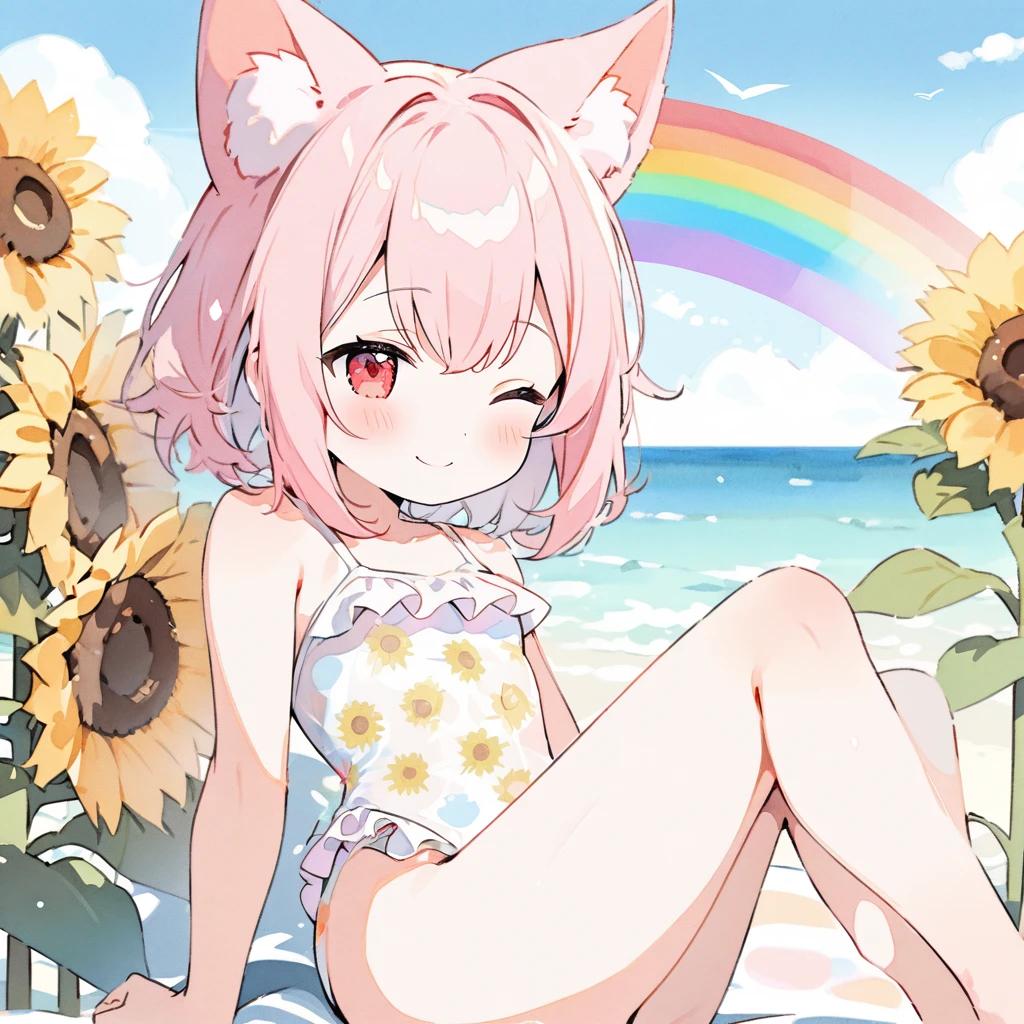 Top quality, masterpiece, high resolution, pastel colors, watercolor style, chibi character, pink hair, animal ear girl, red eyes, sleeping sideways on a large sunflower, smile, transparent ruffled leotard swimsuit with sunflower pattern, beautiful rainbow, blue sky, clouds, sea

