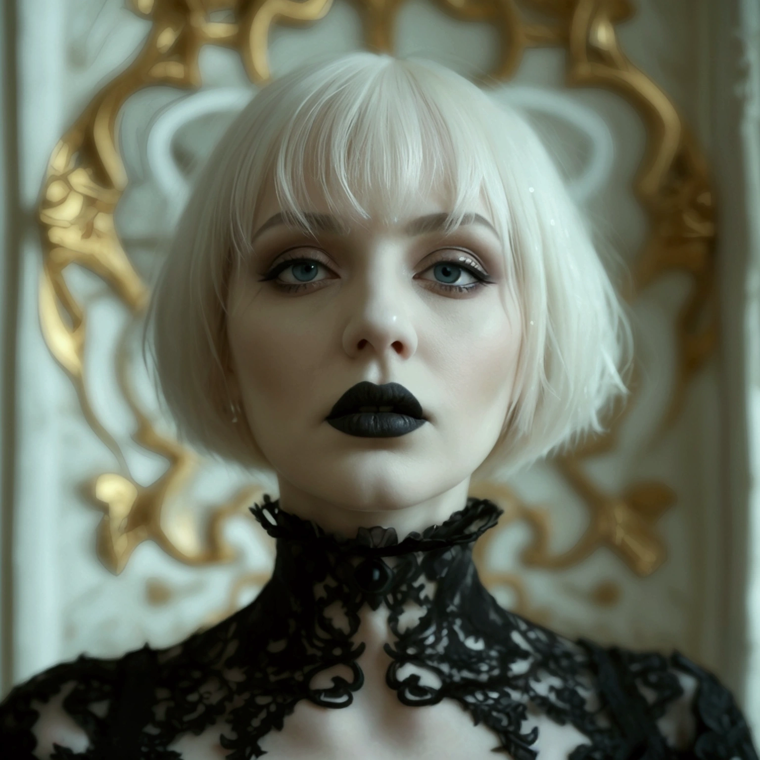 ((Master piece, very realistic, best quality, highly detailed, Frontal view, DELICATE, PORTRAIT, WOMAN 36yo, AESTHETIC)) shallow depth of field, realism, photography, good proportions, narrow depth of field, tilt shift look, bokeh, anamorphic look, cinematic, dark and moody, ((a pale white complexion MODE with short WHITE color hair and bangs and smokey eye makeup, BLACK lips)), wearing black fashion designed by Rick Owens, a dark photograph by Tim Walker and Tom Hoops and Matt Mahurin, a dark liminal space, a desolate seedy hotel room with peeling wallpaper and black painted walls, symbolism, primordial fluids, uneasy feeling, dark occult imagery, melancholic ((very aesthetic)), her massive breasts (1.4) and deep cleavage (1.2)