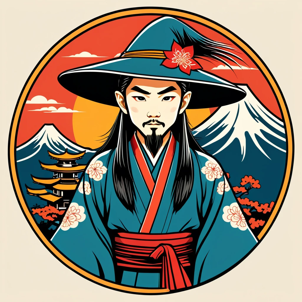 wizard in japanese folk outfit, vector graphics, strong contours, logo design