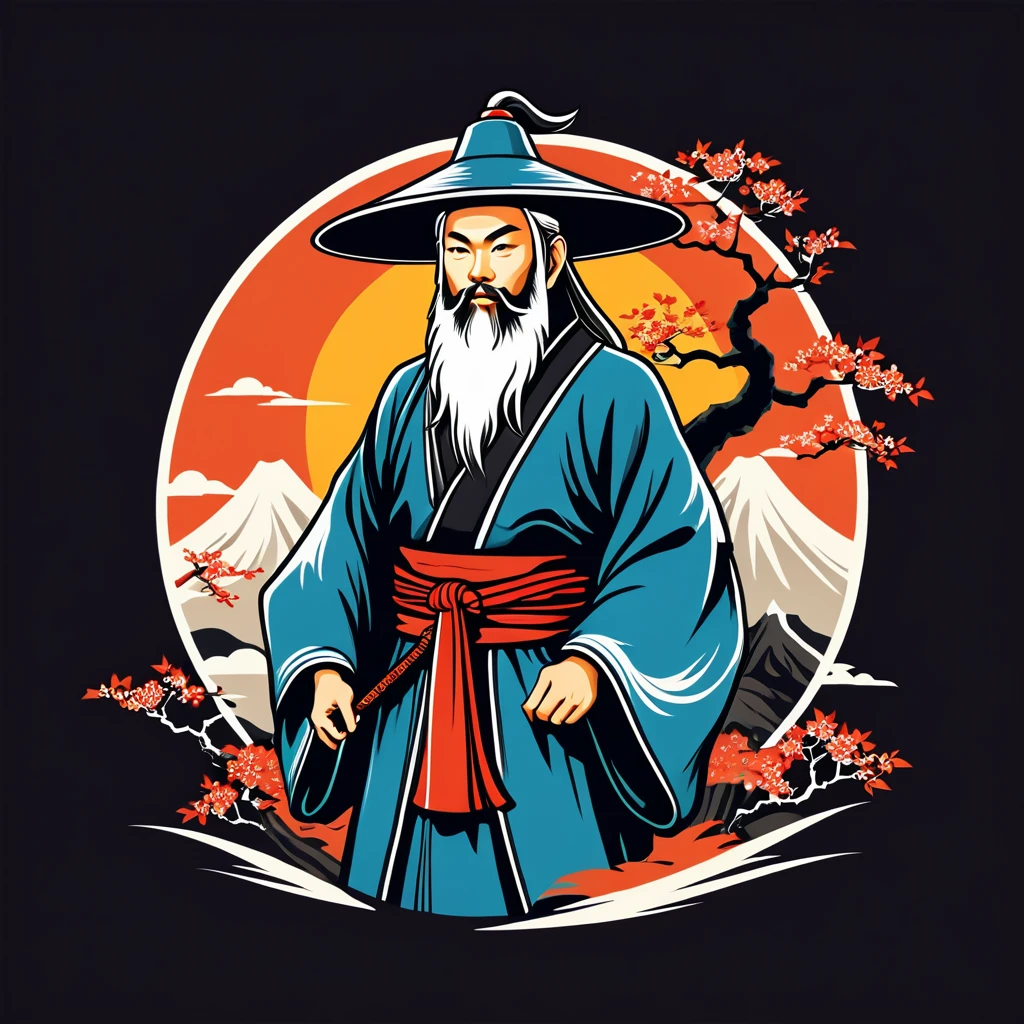 wizard in japanese folk outfit, vector graphics, strong contours, logo design
