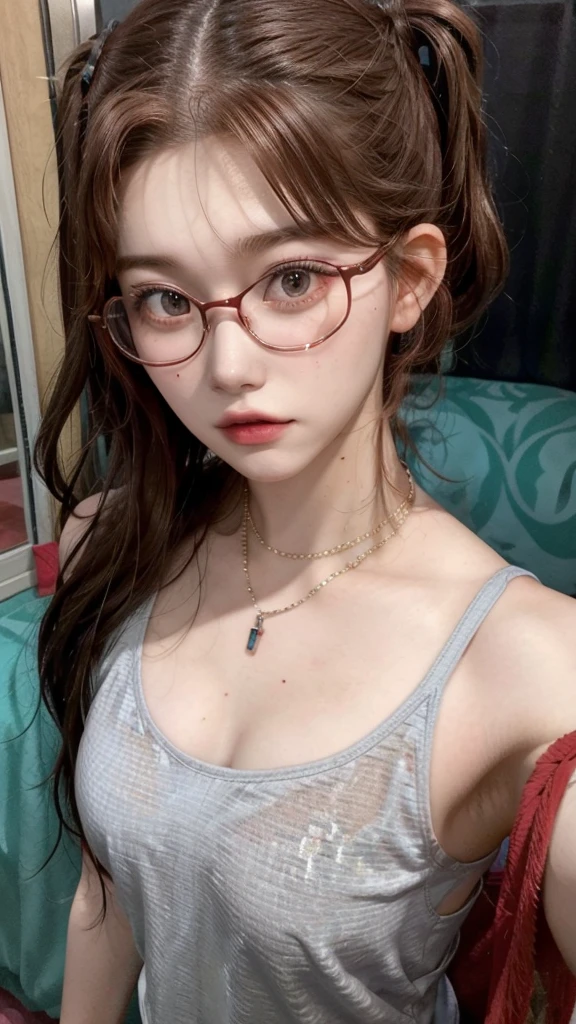 arafed woman With glasses laying on a bed with a red tank top, With glasses, beautiful dolphin, With glasses on, bella thorne, amaranth, better known as amaranth, lalisa manobal, thick glasses, some flashes and specs, Anna Nikonova aka Newmilky, long hair with bangs