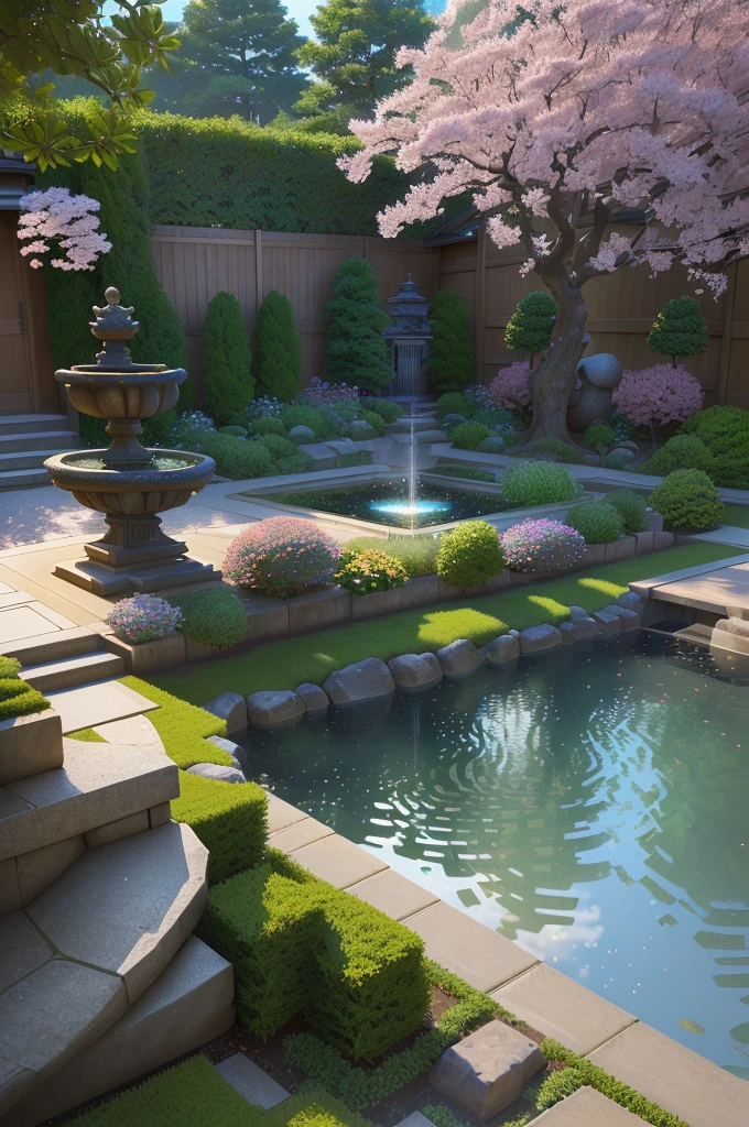 there is a small garden with a fountain and a bench, realistic garden, japonisme 3 d 8 k ultra detailed, enscape render, lush japanese landscape, rendered in lumion pro, path tracing render, beautiful render of a landscape, japanese garden, rendered in lumion, rendered in enscape, unreal 6 breathtaking detailed, japanese villa syd mead