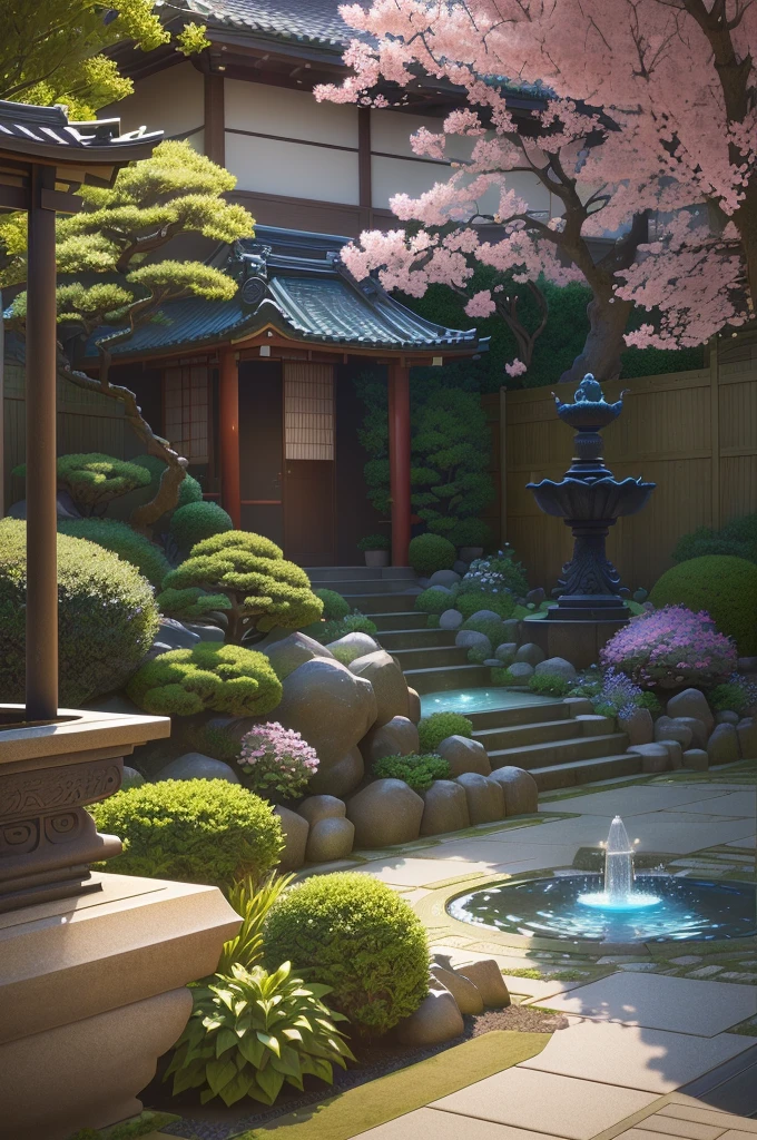 there is a small garden with a fountain and a bench, realistic garden, japonisme 3 d 8 k ultra detailed, enscape render, lush japanese landscape, rendered in lumion pro, path tracing render, beautiful render of a landscape, japanese garden, rendered in lumion, rendered in enscape, unreal 6 breathtaking detailed, japanese villa syd mead
