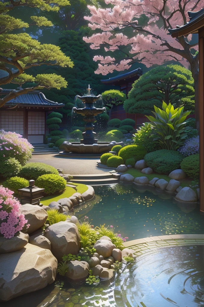 there is a small garden with a fountain and a bench, realistic garden, japonisme 3 d 8 k ultra detailed, enscape render, lush japanese landscape, rendered in lumion pro, path tracing render, beautiful render of a landscape, japanese garden, rendered in lumion, rendered in enscape, unreal 6 breathtaking detailed, japanese villa syd mead