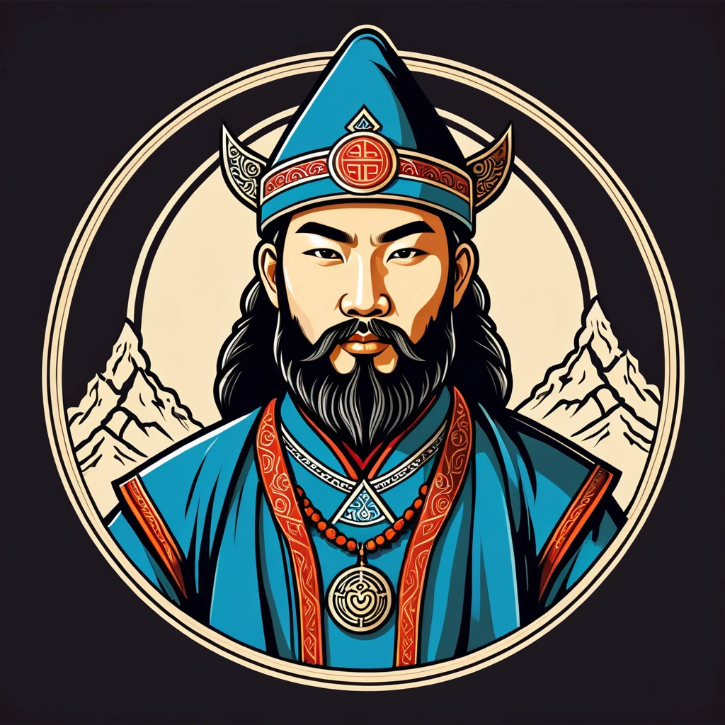 wizard in mongol folk outfit, vector graphics, strong contours, logo design
