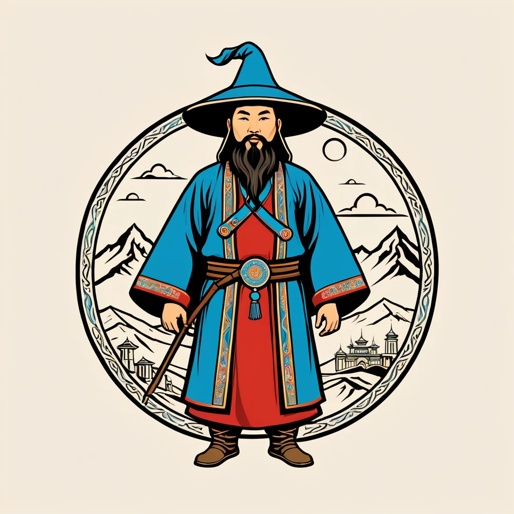 wizard in mongol folk outfit, vector graphics, strong contours, logo design
