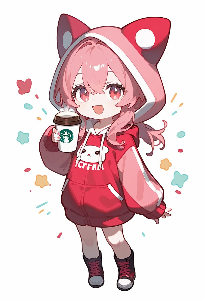 score_9,score_8_superior,score_7_superior,One girl,Pink Hair,alone,hood chibi,bangs,Smile,smile,holding a coffee cup,standing,full body,posing,Open your mouth,In-person audience,hoodie,Wearing a hood,Long sleeve,Hair between the eyes,Sleeves are longer than your fingers,white background,