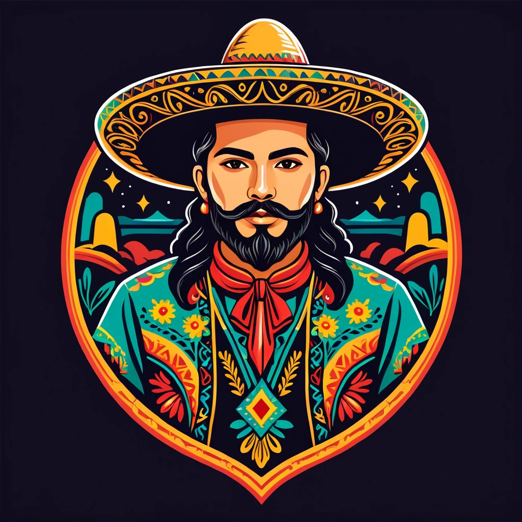 wizard in mexican folk outfit, vector graphics, strong contours, logo design