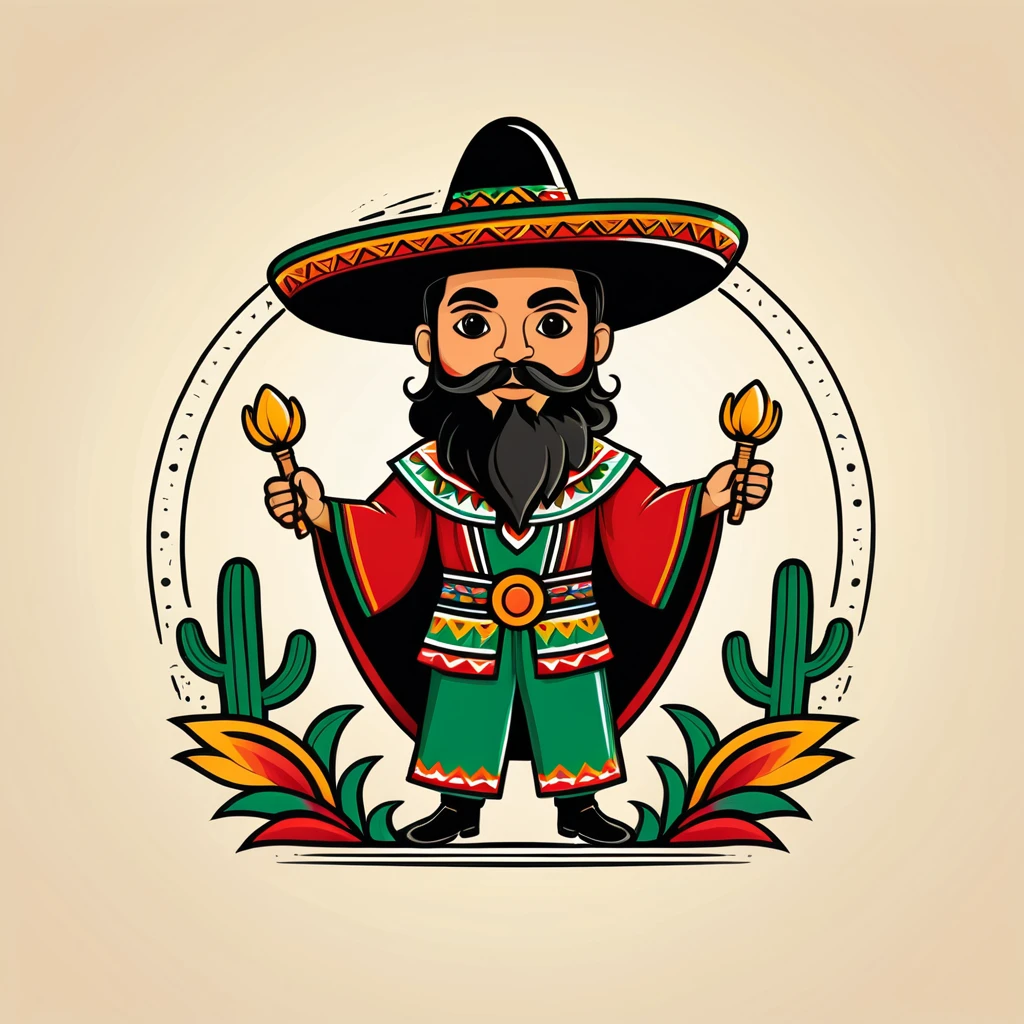 wizard in mexican folk outfit, vector graphics, strong contours, logo design

