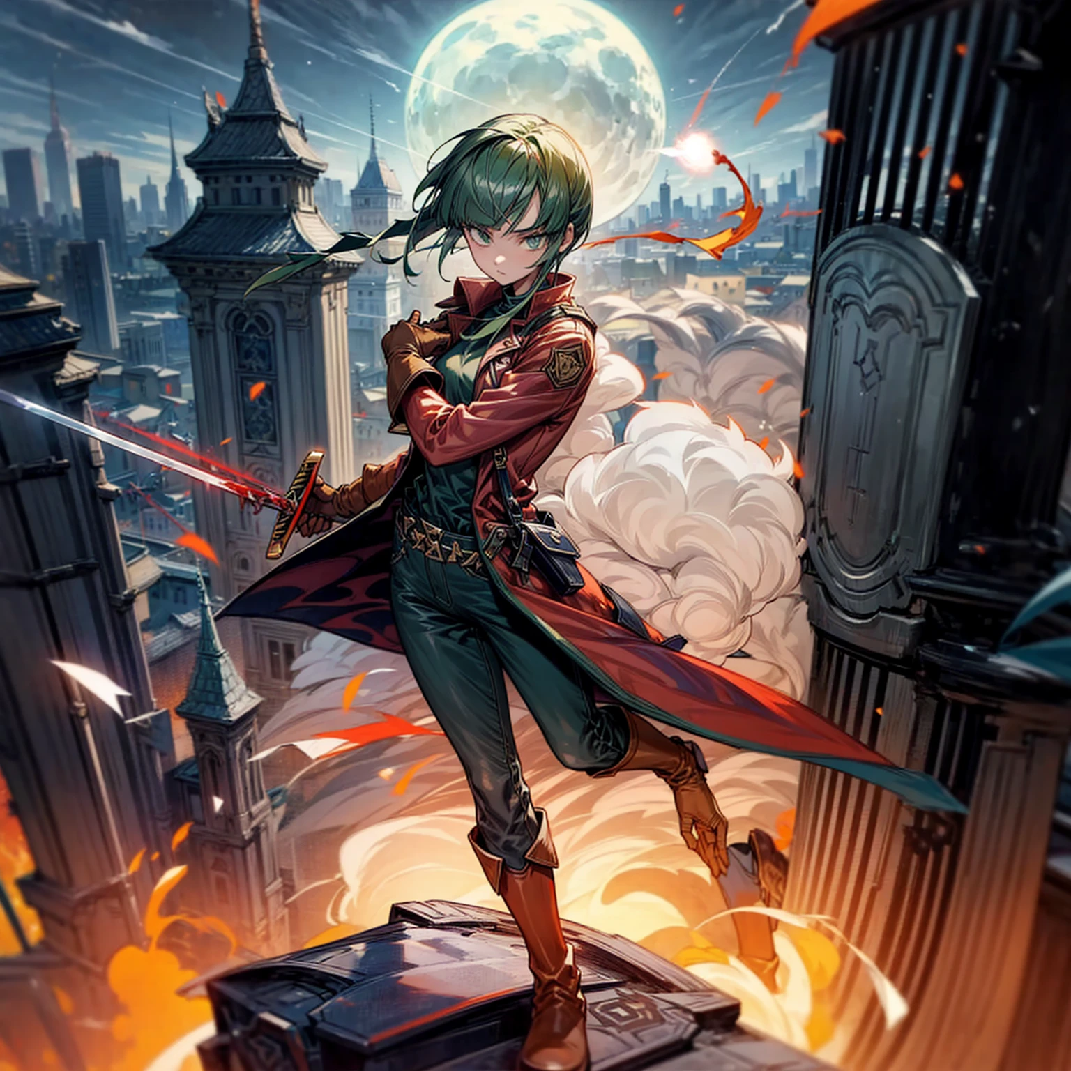 1girl, Full body version, 1character, green eyes, short haircut, (green color hair), soldier style clothing, red colour clothing, jacket, jeans, belt, boots, gloves, Grassroots, background On the roof of a city building, motion blur, (detective conan style art), sword in hand, fire effect on sword, lighting effect on sword, fire effect, smoke effect, aura effect, Moonlight, bloody background, blood on face, blood on shirt, blood on sword 