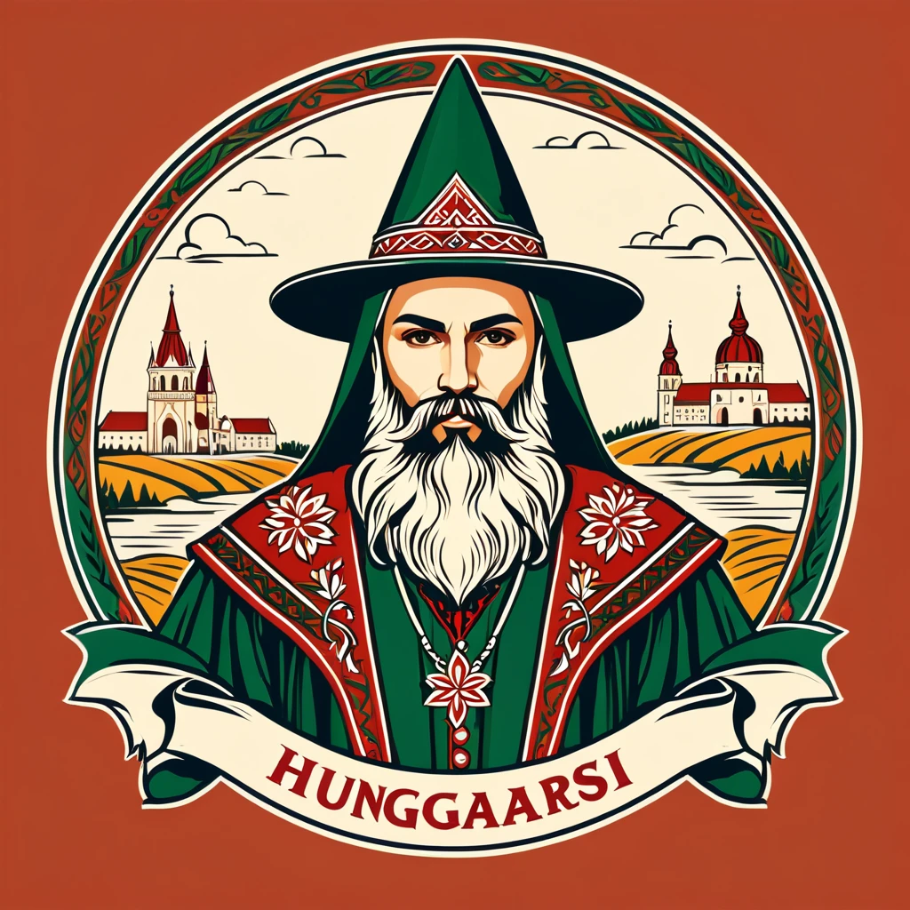 wizard in hungarian folk outfit, vector graphics, strong contours, logo design