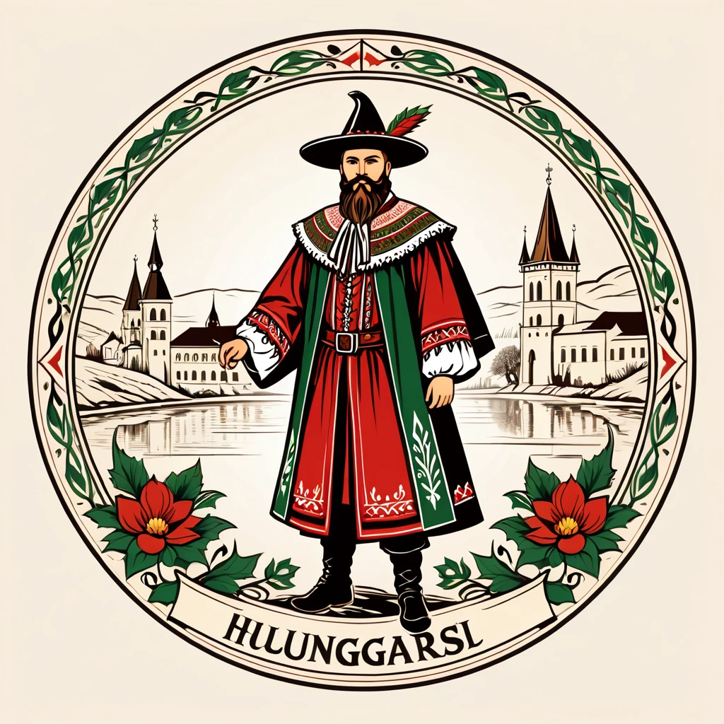 wizard in hungarian folk outfit, vector graphics, strong contours, logo design