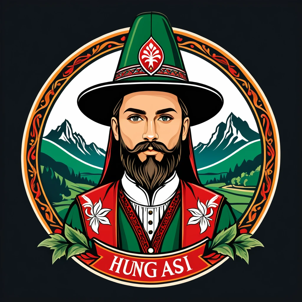 wizard in hungarian folk outfit, vector graphics, strong contours, logo design