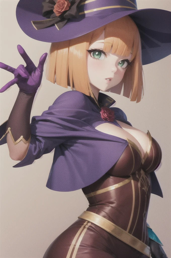 a beautiful girl, perfect face, arms at sides, masterpiece, ultra high res, high quality, 4k, upper body:1.5,  lisa (genshin impact), urple witch hat, green eyes, brown hair, (PureErosFace_V1:0.008), (european:1.6), bangs, dress, rose, jewelry, witch, capelet, purple headwear, black gloves, purple flower, hair between eyes, purple rose, parted lips, purple capelet, hat flower, multicolored dress, hair ornament,  windmill, from side,