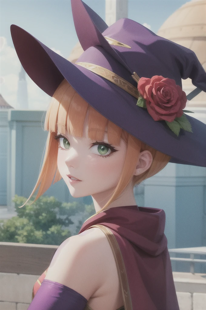 a beautiful girl, perfect face, arms at sides, masterpiece, ultra high res, high quality, 4k, upper body:1.5,  lisa (genshin impact), urple witch hat, green eyes, brown hair, (PureErosFace_V1:0.008), (european:1.6), bangs, dress, rose, jewelry, witch, capelet, purple headwear, black gloves, purple flower, hair between eyes, purple rose, parted lips, purple capelet, hat flower, multicolored dress, hair ornament,  windmill, from side,