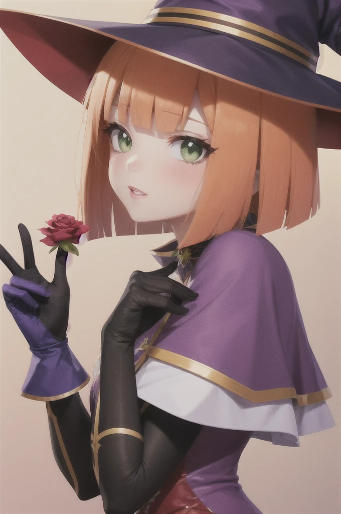 a beautiful girl, perfect face, arms at sides, masterpiece, ultra high res, high quality, 4k, upper body:1.5,  lisa (genshin impact), urple witch hat, green eyes, brown hair, (PureErosFace_V1:0.008), (european:1.6), bangs, dress, rose, jewelry, witch, capelet, purple headwear, black gloves, purple flower, hair between eyes, purple rose, parted lips, purple capelet, hat flower, multicolored dress, hair ornament,  windmill, from side,