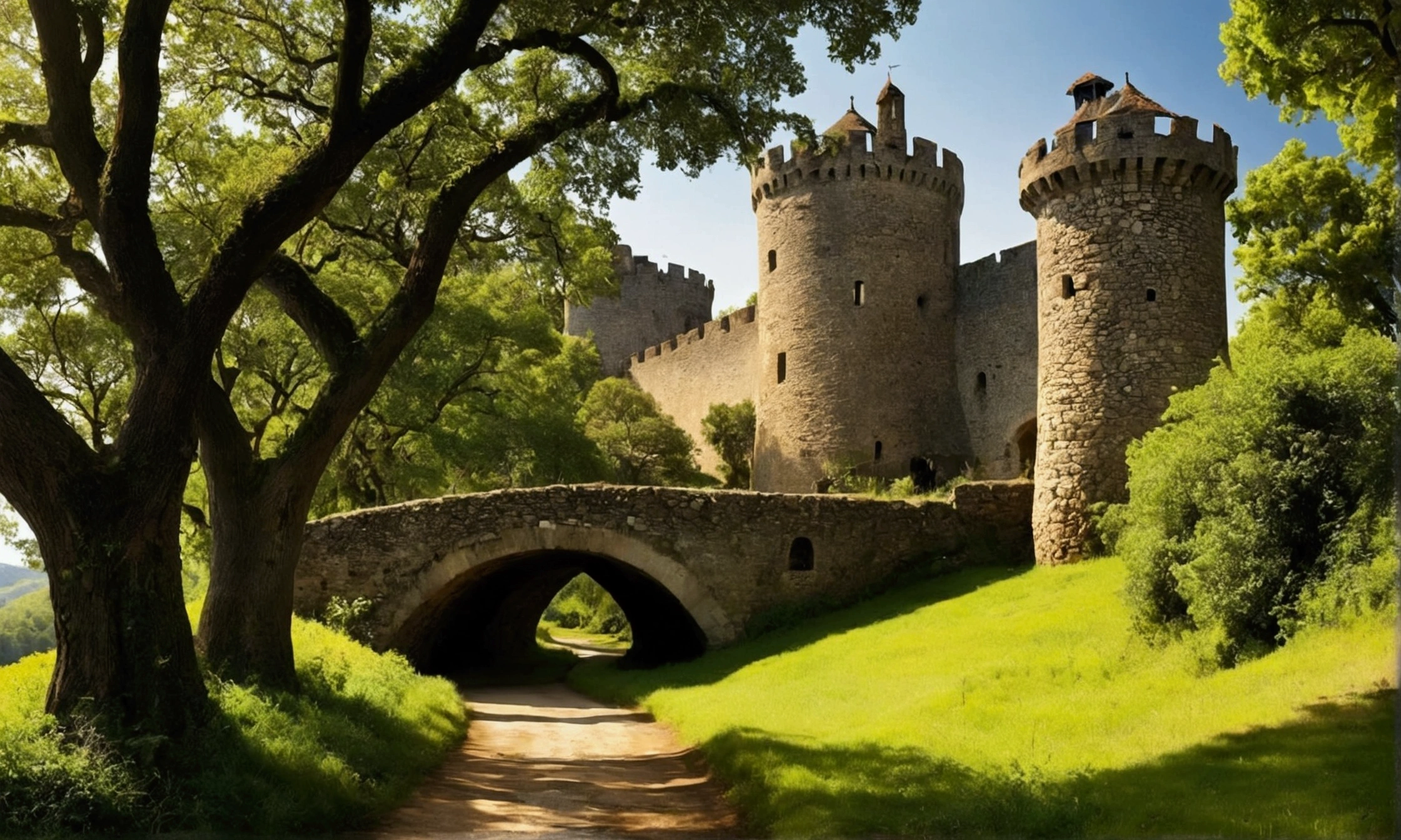First job, better quality, movie yet, In the heart of the medieval landscape, A picturesque landscape unfolds, it would seem, untouched by the passage of time. Rising above the horizon, The majestic stone castle catches your eye. Its conical walls, decorated with shabby flags, Stand guard against the blue sky. Drawbridge, suspended over a peaceful moat, connects the castle with lush vegetation, Emerald Forest, surrounding him., trees, it would seem, whisper the secrets of past centuries. To the East, A winding cobbled path leads to a picturesque village, nestled among the hills.. Thatched cottages, its walls are decorated with ivy, get together, as if telling stories of past generations. Windmill with a century-old history, your candles a long time ago, This is evidence of the work of those, who once worked on this land.. Outside the village, The winding river reflects the amber hues of the setting sun.. Stone bridges curve gracefully over calm waters., connecting the shores, where the vineyards produce bunches of grapes, The promise of future harvests. No distant horizon, The dense forest of ancient oaks and tall pines stretches so far, As far as the eye can see., Its dark green canopy holds many mysteries.. higher, The sky is an azure canvas, framed by cotton clouds. landscape, a harmonious combination of architectural wonders and untouched nature, reminiscent of the timeless beauty of the medieval world, frozen in the tapestry of history., (sparks: 0,7)