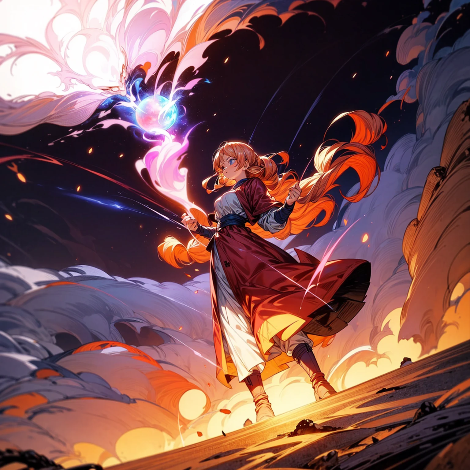 1woman, 1character, woman version, blue eyes, long Curly haircut, pink colour hair, Ancient Roman clothing, red colour clothing, long dress, boots, Bandage on hand, Grassroots, background in field town, motion blur, fire burned in hand, ((dragon ball art)), (high angle view), smoke effect, aura effect, blue lighting, (the largest blue fireball), Moonlight, moon, blue fireball light silhouette, blue fire, lightning flash, plasma effect 