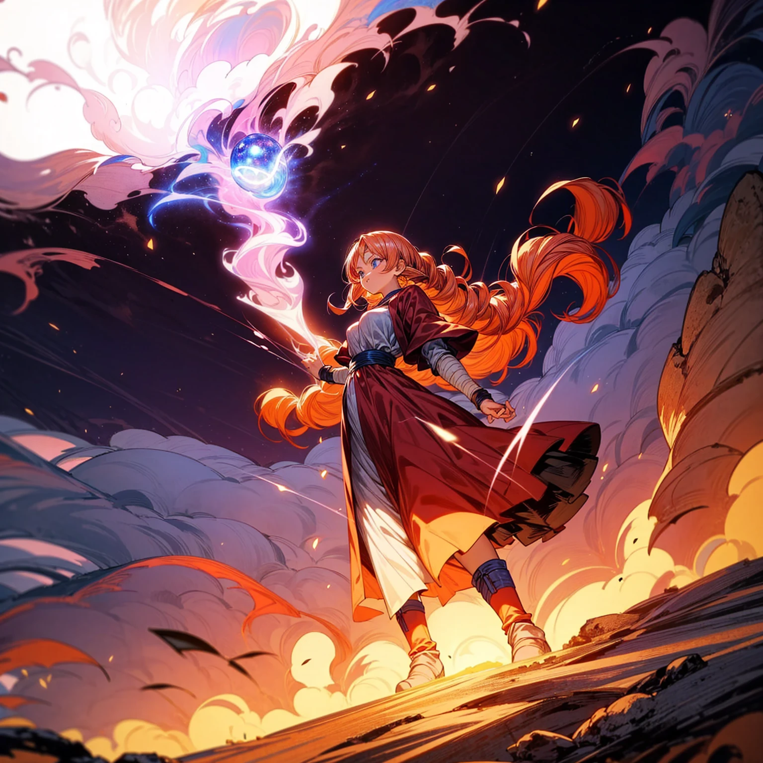 1woman, 1character, woman version, blue eyes, long Curly haircut, pink colour hair, Ancient Roman clothing, red colour clothing, long dress, boots, Bandage on hand, Grassroots, background in field town, motion blur, fire burned in hand, ((dragon ball art)), (high angle view), smoke effect, aura effect, blue lighting, (the largest blue fireball), Moonlight, moon, blue fireball light silhouette, blue fire, lightning flash, plasma effect 