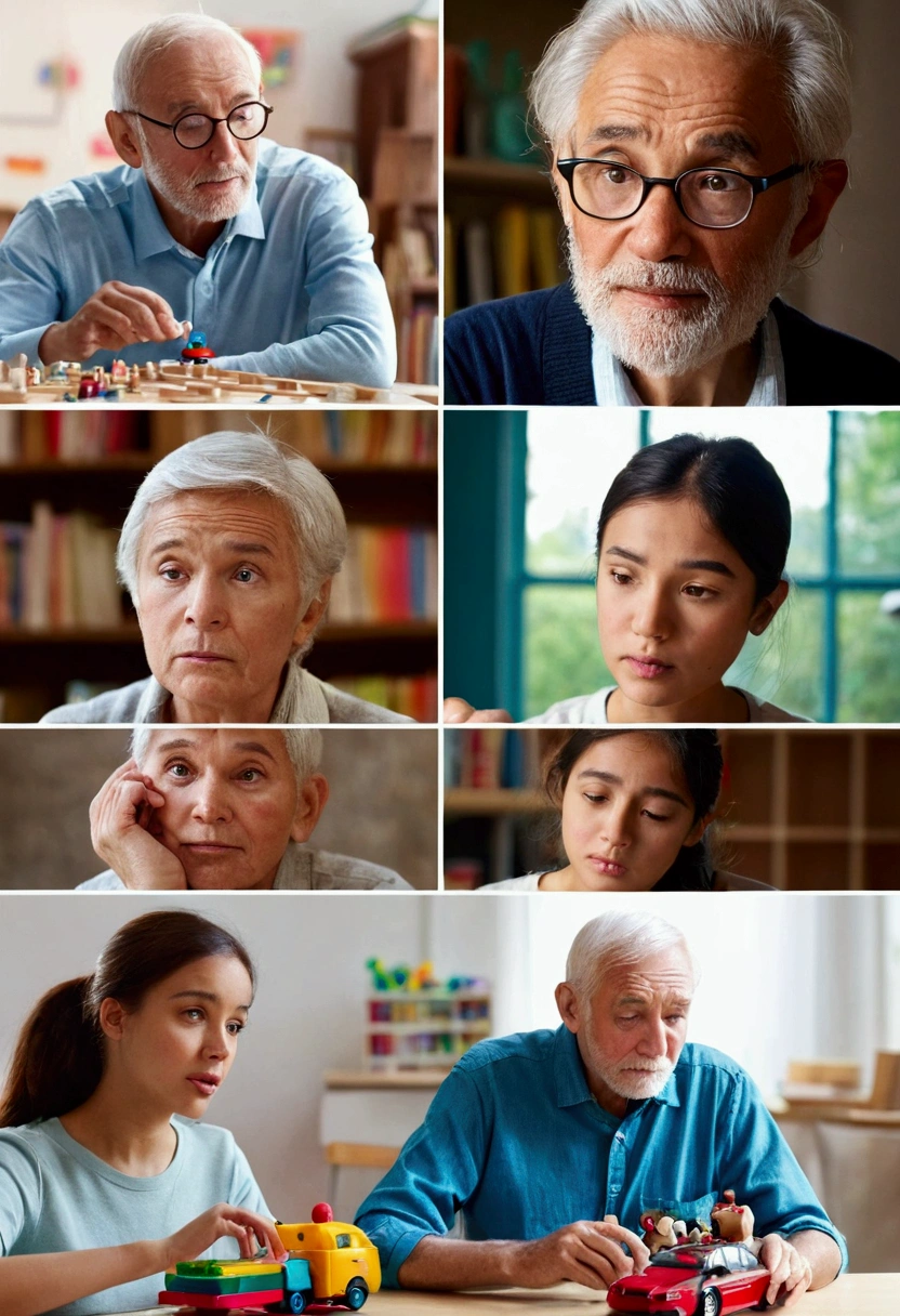 Close-ups of people of different ages and backgrounds at different moments in their daily lives: A looks eagerly at a toy, a woman thinks intently while working, an old man lost in memories, a university student studying his lessons..