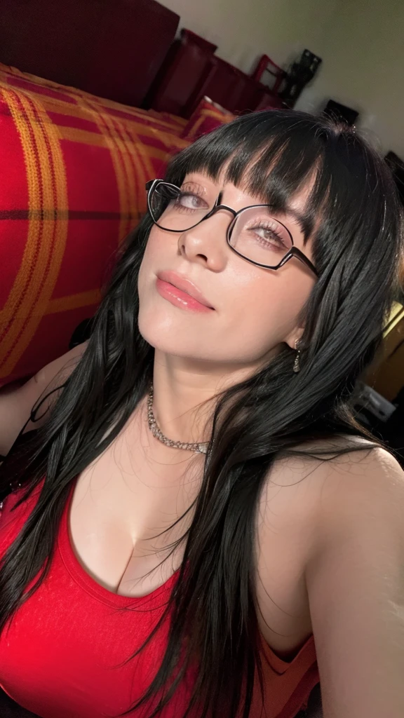 arafed woman With glasses laying on a bed with a red tank top, With glasses, beautiful dolphin, With glasses on, bella thorne, amaranth, better known as amaranth, lalisa manobal, thick glasses, some flashes and specs, Anna Nikonova aka Newmilky, long hair with bangs