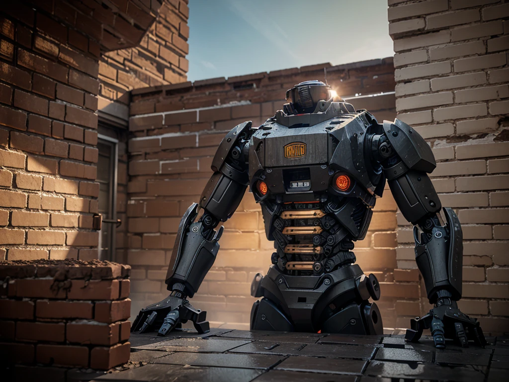 A humanoid robot constructing a brick wall, highly detailed, photorealistic, 8k, hyperrealistic, precise, intricate, industrial, machinery, steel frame, mechanical, gears, hydraulics, bricklaying, construction worker, brick wall, mortar, building site, construction equipment, realistic textures, natural lighting, cinematic, dramatic, moody