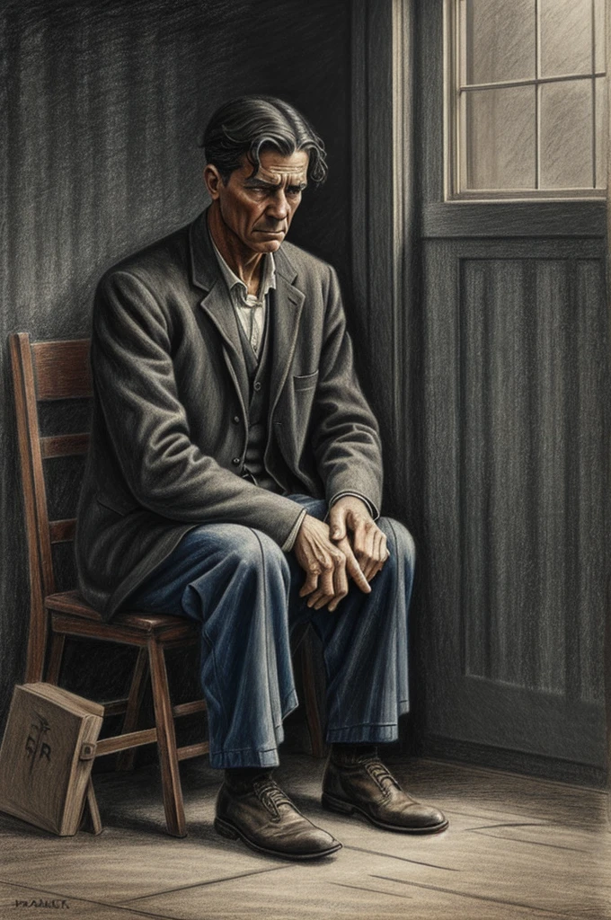 A realistic drawing of a lonely and sad man in the great depression with color
