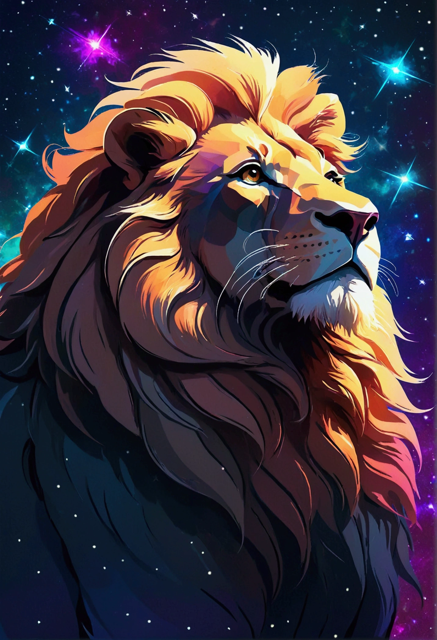 a stylized lion silhouette composed  by bright stars. Cosmic background