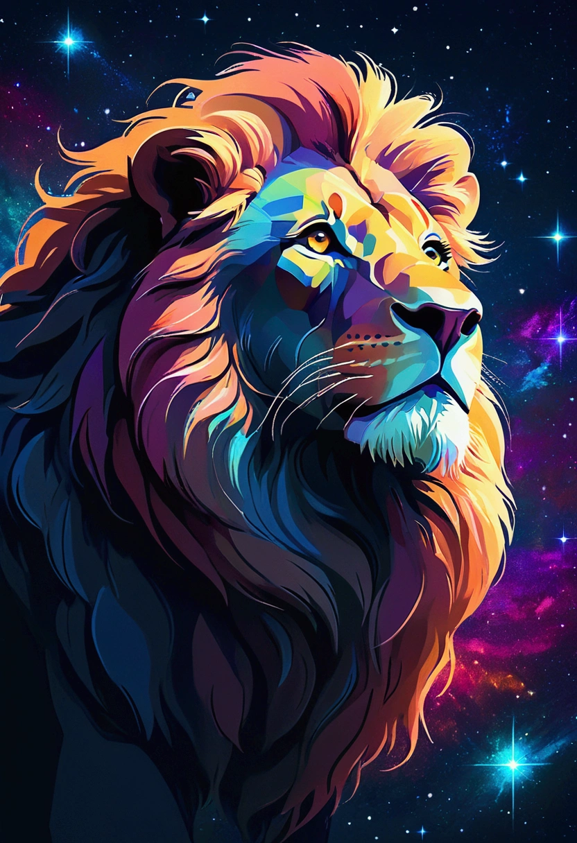 a stylized lion silhouette composed  by bright stars. Cosmic background