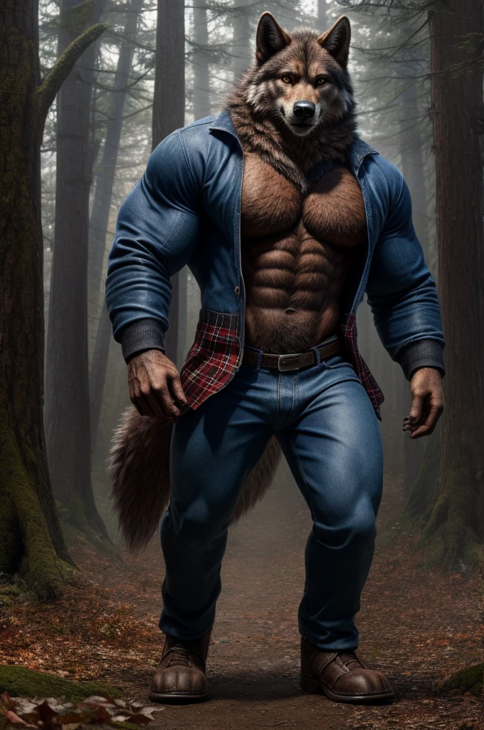 (full body shot), (realistic style), (furry), (humanoid), male wolf, full body brown fur, brown eyes, perfect muscular body, and biggest muscles, biggest pecs, and biggest thighs, wearing blue jeans and red plaid jacket, no shirt, realistic forest background