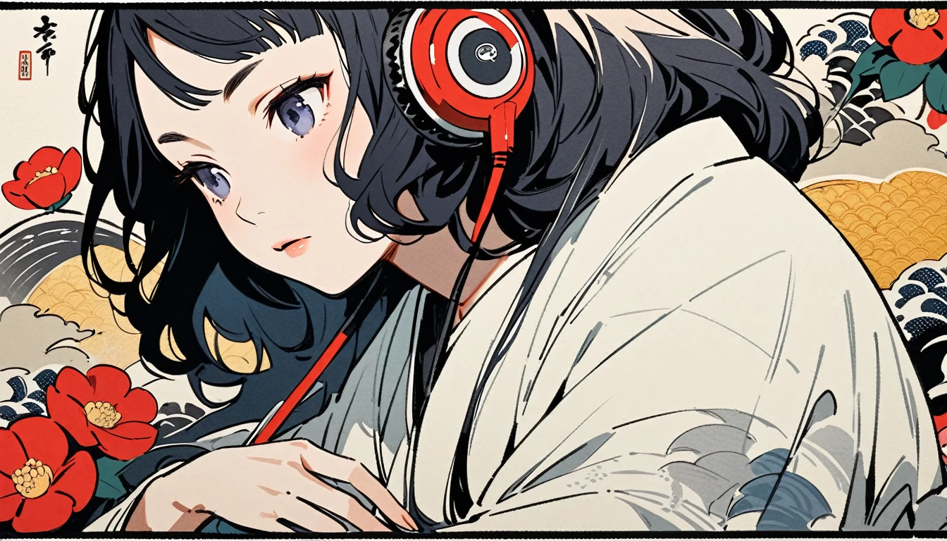 Highest quality, Katsushika Hokusai, Ink Painting, (((longhair))), (((White kimono))), Japanese style headphones, camellia, beautiful girl, Black Hair, Delicate and precise, Modern ukiyo-e style,