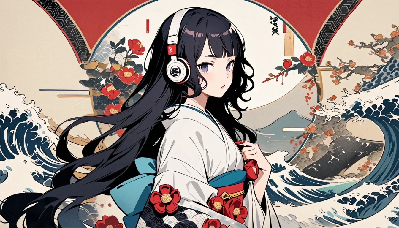 Highest quality, Katsushika Hokusai, Ink Painting, (((longhair))), (((White kimono))), Japanese style headphones, camellia, beautiful girl, Black Hair, Delicate and precise, Modern ukiyo-e style,