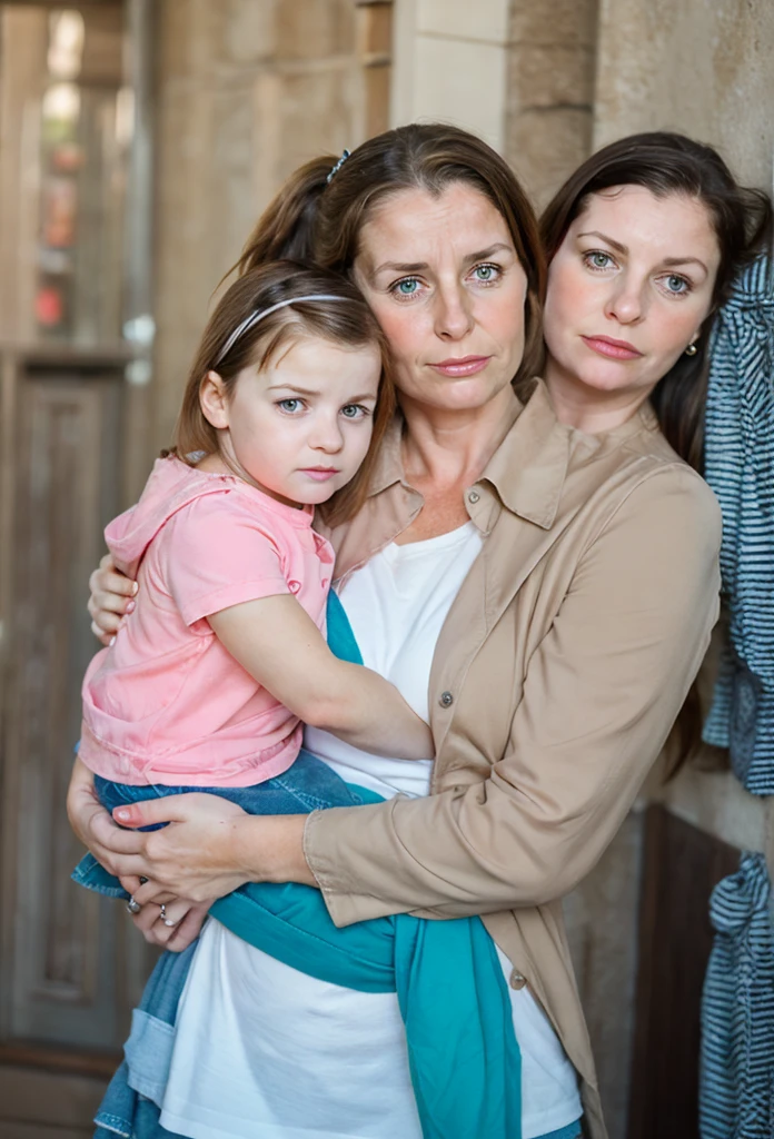 2heads, two headed girl, (a mom holding her daughter:1.5), (uncomfortable and annoyed:1.2)