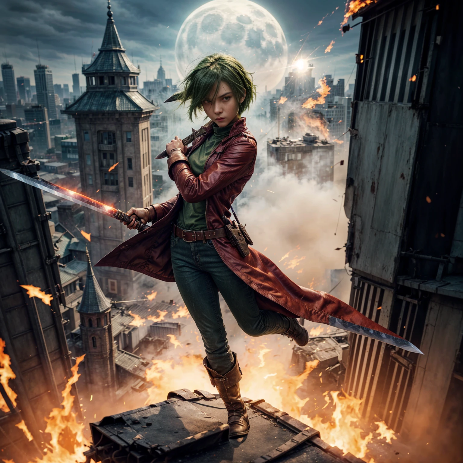 1girl, Full body version, 1character, green eyes, short haircut, (green color hair), soldier style clothing, red colour clothing, jacket, jeans, belt, boots, gloves, Grassroots, background On the roof of a city building, motion blur, (detective conan style art), sword in hand, fire effect on sword, lighting effect on sword, fire effect, smoke effect, aura effect, Moonlight, bloody background, blood on face, blood on shirt, blood on sword