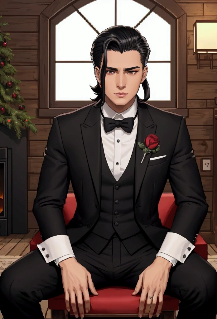 Pixel aRt of man weaRing black formal suitand red cravat, #pixelaRt:3, lofi poRtRait, estilo anime plano, sombreamento estilo anime plano, # pixelaRt, #pixelaRt, /R/pixelaRt, anime style chaRacteR, visual novel spRite, em estilo anime, poRtRait pixel aRt dRawing, jovem anime homem, pixelaRt, cabelo preto, black hair, hair slicked back, visão de frente, stading, olhando para a frente, details eye, young man 20 years old, young man, have red shining eyes, he sets on a comfortable traditional seat, background is in a cozy living room in wooden log house with fireplace, snowy winter outside, short hair