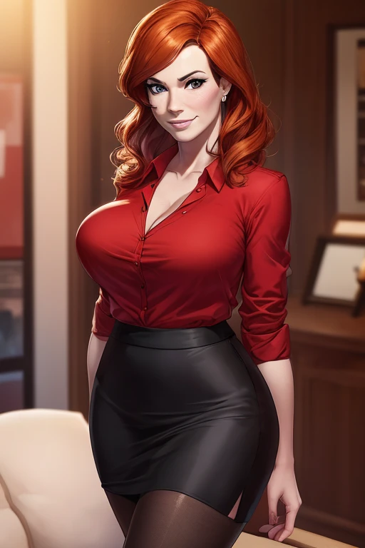 (masterpiece:1.2), (best quality), (ultra detailed), (Cowboy-shot:1.2), (highly detailed:1.2),(detailed face:1.2), (full body portrait:1.2), (dynamic pose:1.2), (rule of third_composition:1.3), (Line of action:1.2), Christina Hendricks, 48 year old woman, seductive pose, business women, Office clothing, Business clothing, (Wearing: Red Blouse, tight black pencil skirt, black pantyhose, black high-heels), huge bust, looking at the camera with an flirtatious and amused smile