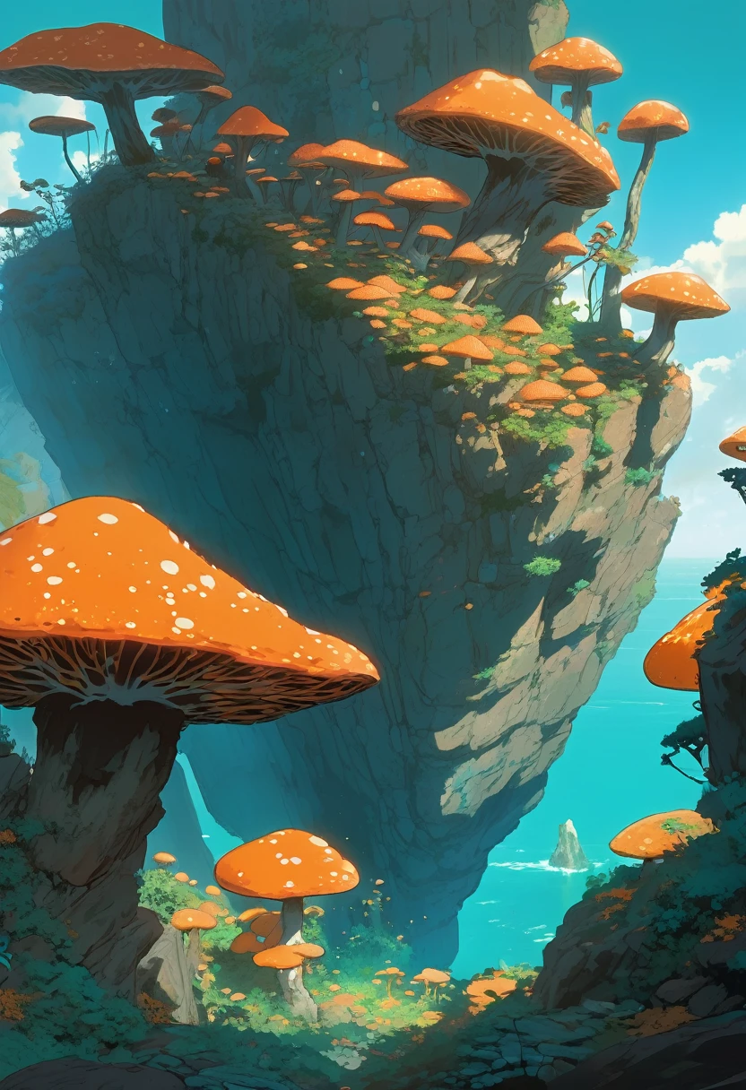 Cliff Fungus, Bioluminescent Mushrooms spread across a rocky cliff surface, mycology growths with countless fungal stacks, Turquoise and orange color scheme only, Turquoise and orange colors only, Turquoise and orange, Made in Abyss, Stormlight Archive, Studio Ghibli, Anime Key Visual, by Makoto Shinkai, Deep Color, Intricate, 8k resolution concept art, Natural Lighting, Beautiful Composition