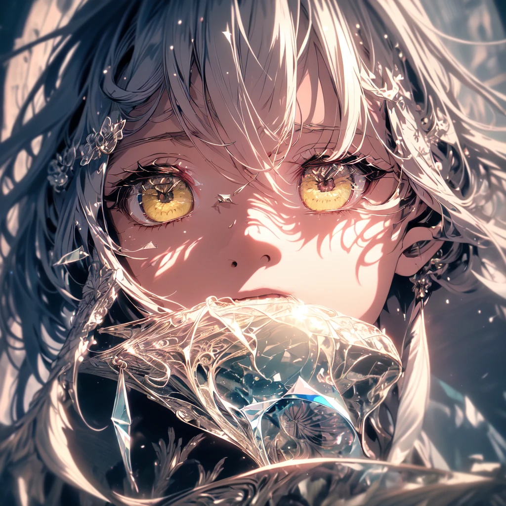 (Masterpiece:1.2), best quality, (illustration:1.2), (ultra-detailed), hyper details, (delicate detailed), (intricate details), (cinematic light, best quality Backlights), clear line, from below, 独奏, A Russian girl in her early 20s with ash grey hair, perfect body, (detailed background,dark fantasy), (beautiful detailed face),finely detailed beautiful eyes: 1.2,high contrast, (best illumination, an extremely delicate and beautiful), ((cinematic light)), colorful, hyper detail, dramatic light, intricate details,mature body,lustrous skin, (独奏,white hair, sharp face,glowing yellow eyes, hair between eyes,dynamic angle), Flower storm, swirling black light around the character, depth of field,black light particles,(broken glass),embarassed,