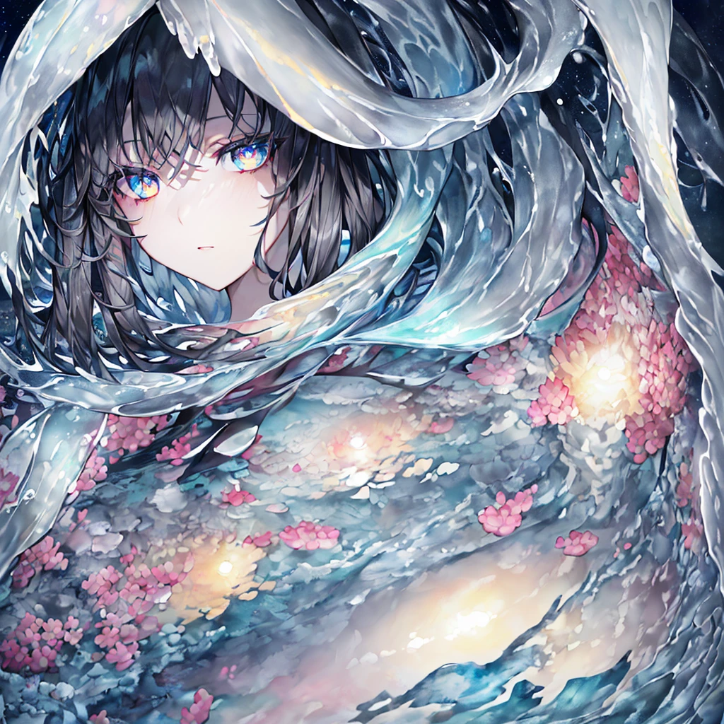 (masterpiece,best quality,ultra-detailed),1girl, black hair,beautiful and detailed face, detailed eyes,looking at viewer, multicolored eyes,((grey theme),pale skin, glowing eyes ,in the sea,((night)),dark ambient,(underwater),(aquarelle) большая грудь