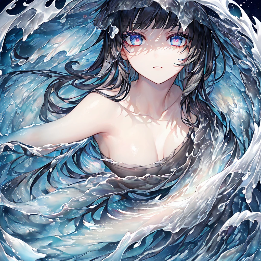 (masterpiece,best quality,ultra-detailed),1girl, black hair,beautiful and detailed face, detailed eyes,looking at viewer, multicolored eyes,((grey theme),pale skin, glowing eyes ,in the sea,((night)),dark ambient,(underwater),(aquarelle) большая грудь