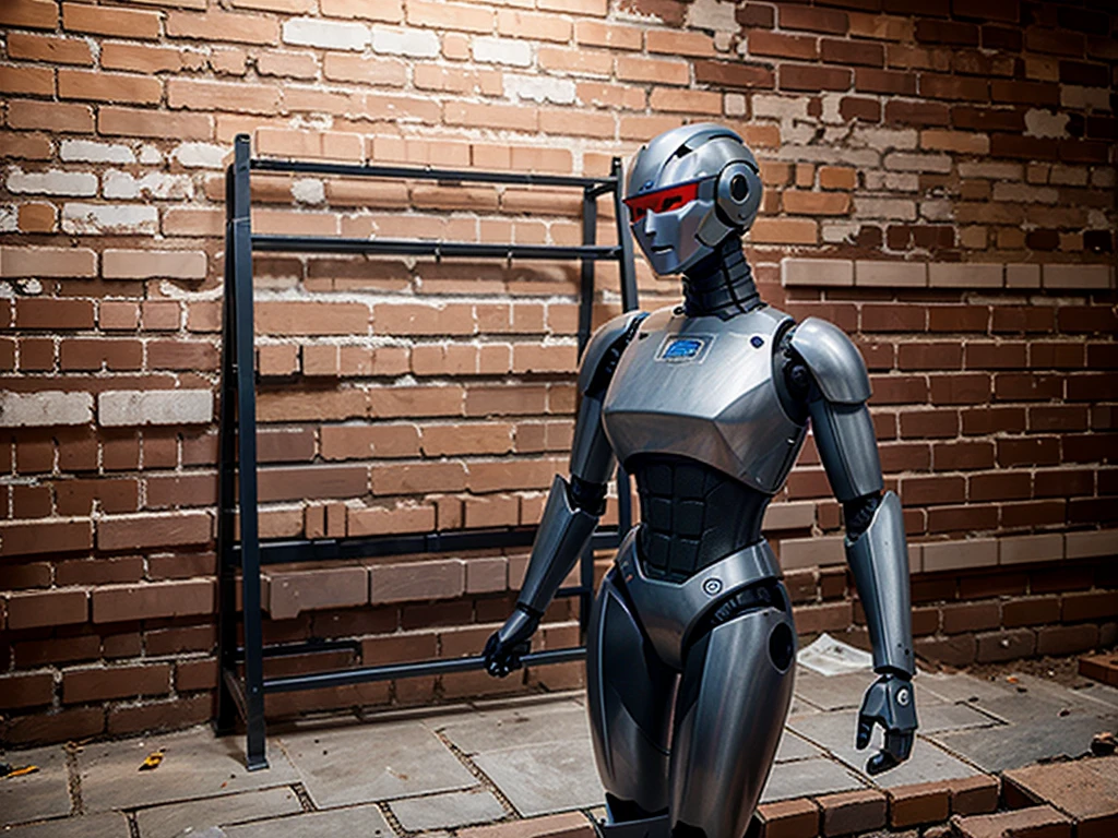 Create an image where a brick wall is being built by a humanoid robot with a steel frame, the robot should be represented working as a bricklayer and the entire image should look as real as possible