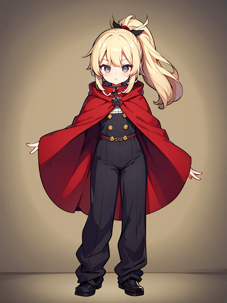 Full-body portrait、Are standing、Fluffy hair、Blonde、Lots of hair、Short ponytail、Grey knitted sweater、Red Cape、arrogant